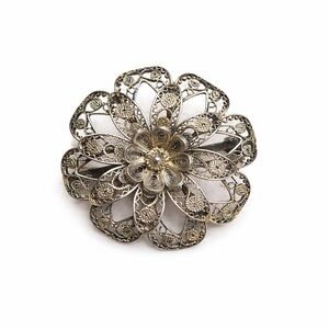 Antique 800 Silver Filigree Flower Brooch | European | Faux Pearl Center | 1.25”